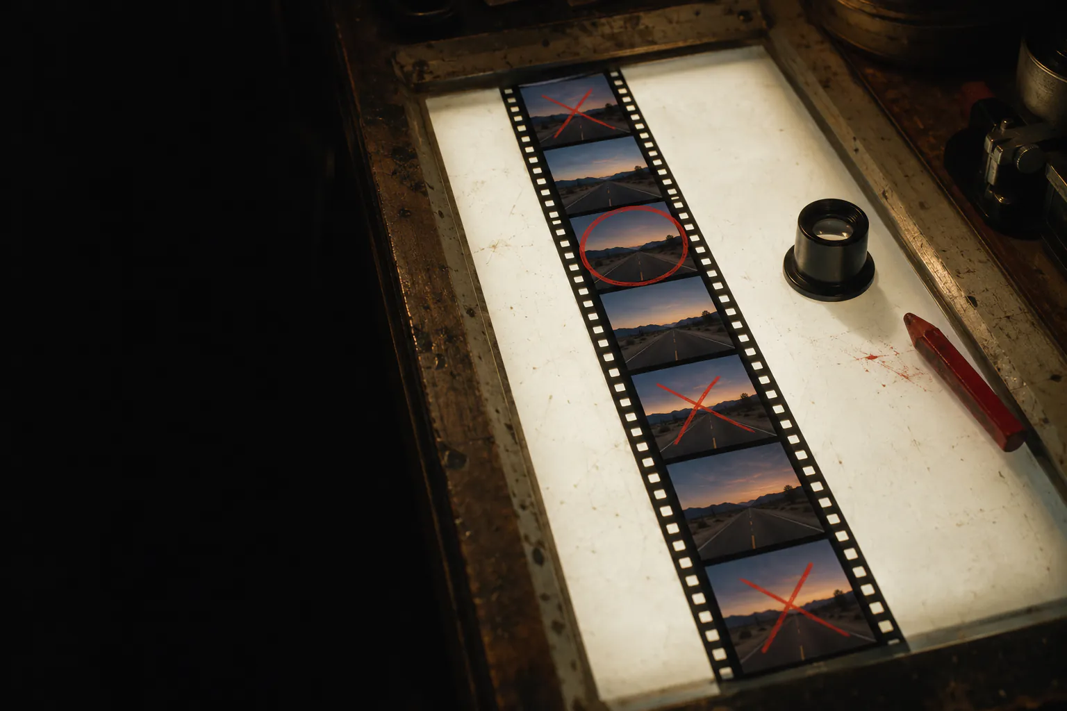 A strip of 35mm film on a light table. One frame is circled in red grease pencil and three are crossed out. A loupe sits beside it.