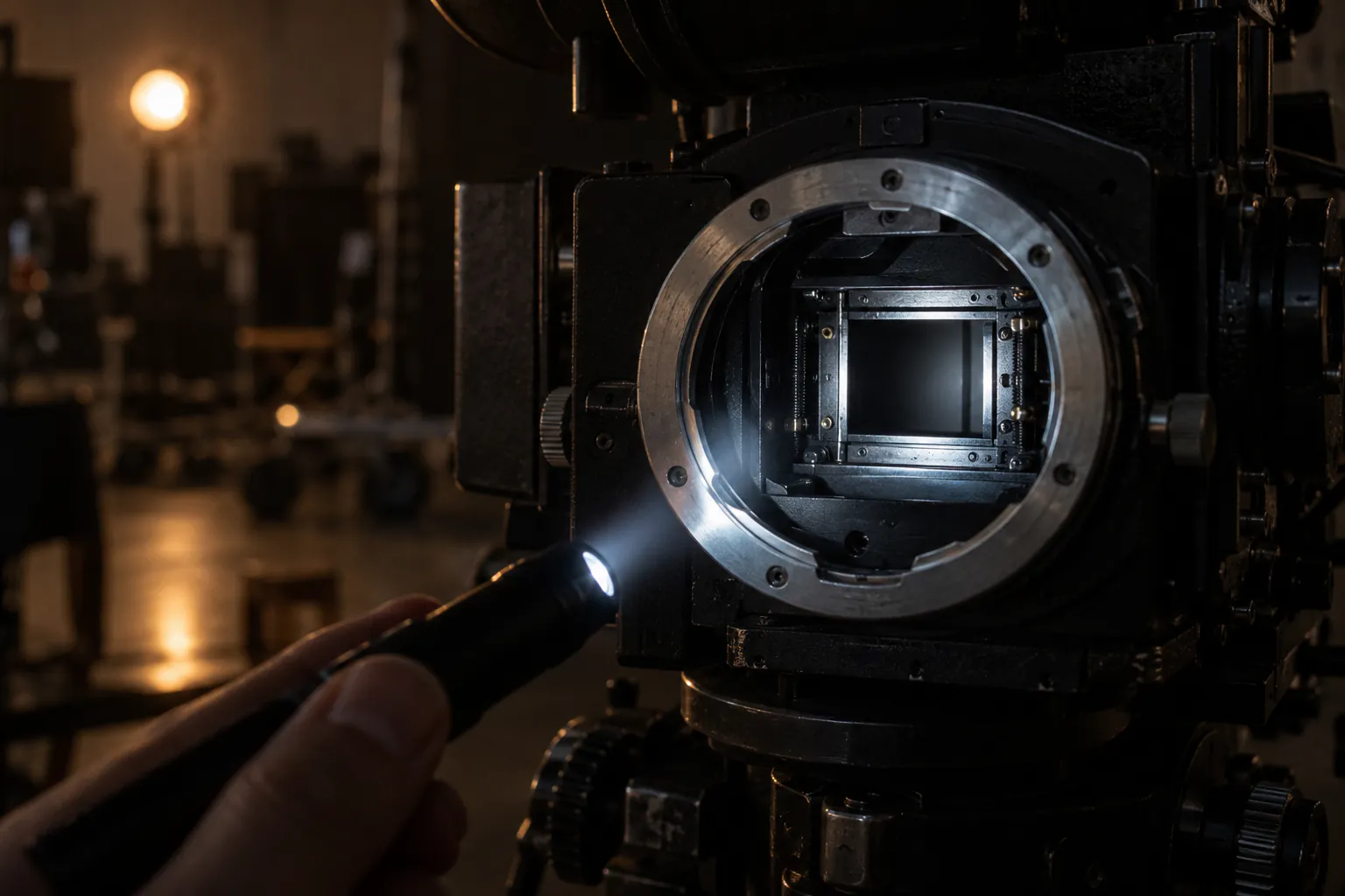 A penlight shines into the open lens mount of a film camera, lighting the gate inside.