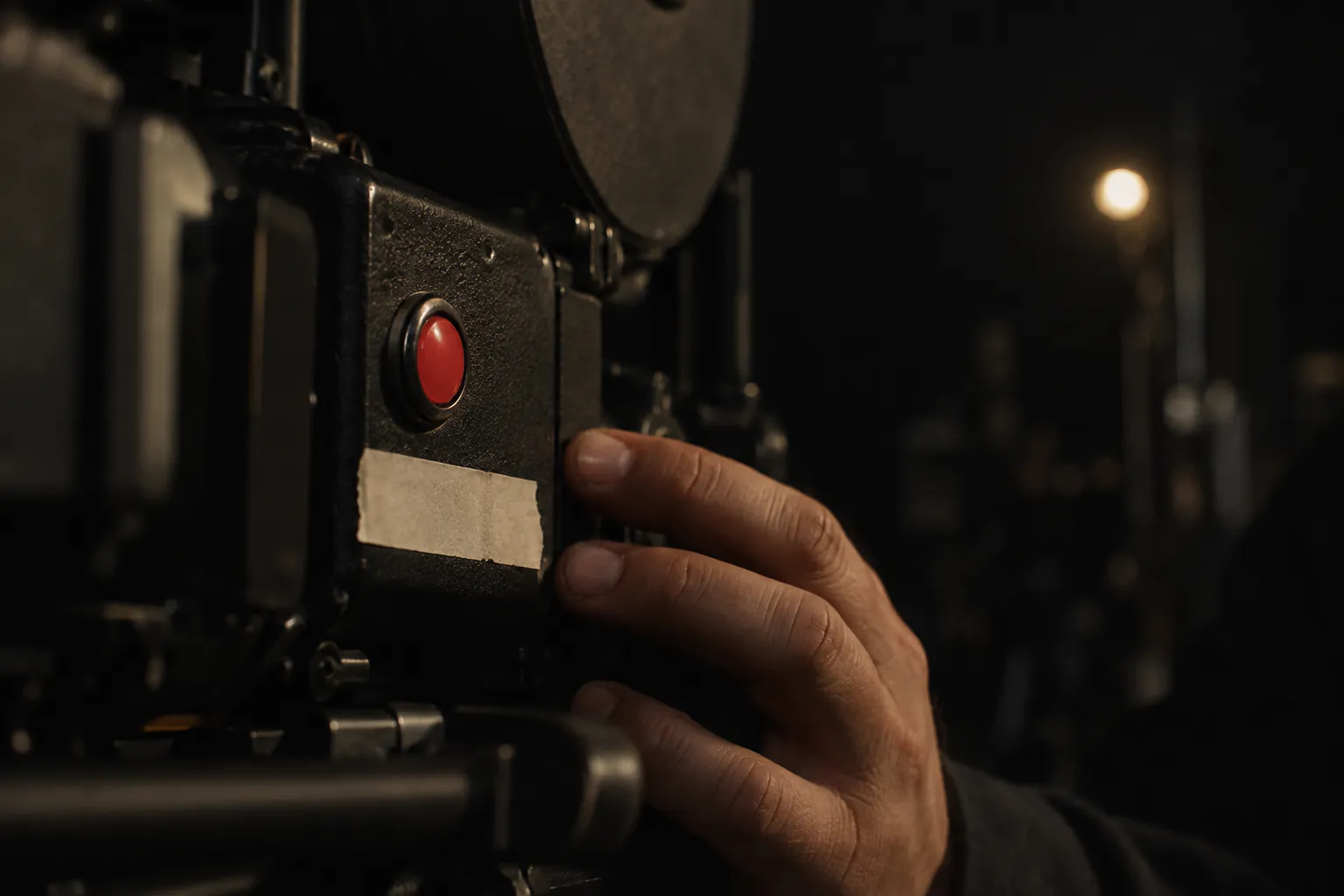 A hand rests beside the red run button of a film camera without pressing it.
