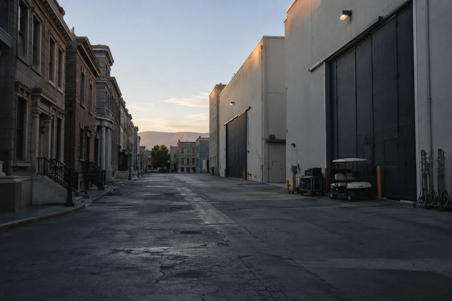An empty studio backlot street at first light, a golf cart parked by a stage door.